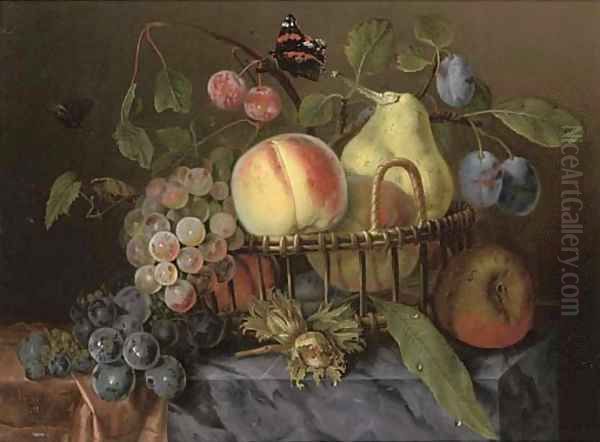 A pear, peaches, plums and grapes in a wicker basket Oil Painting by Michel Joseph Speckaert