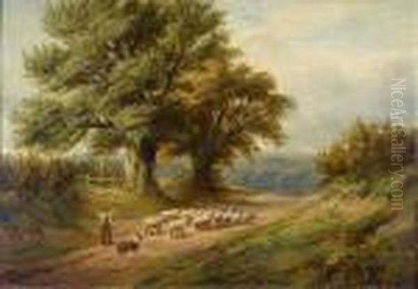 Shepherd With Dog And Sheep On A Cart Track Oil Painting by George Turner