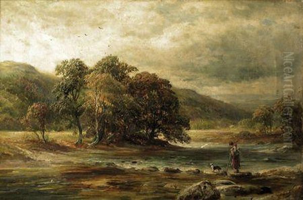 Stepping Stones At Bettws-y-coed Oil Painting by George Turner