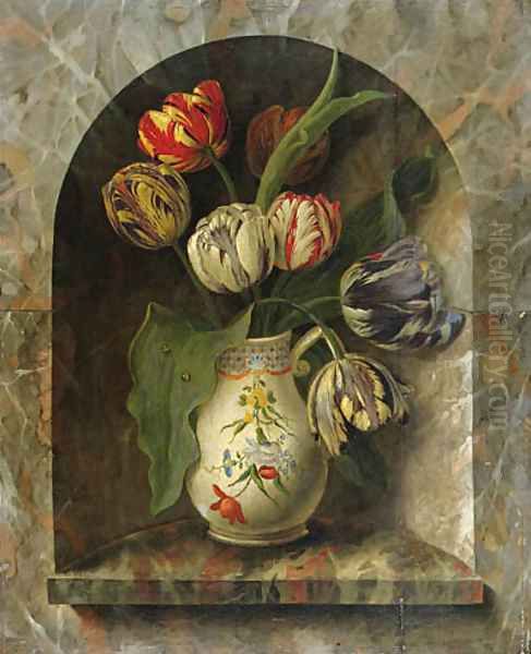 Parrot Tulips in a Jug on a stone Ledge in an Alcove Oil Painting by Michel Joseph Speckaert