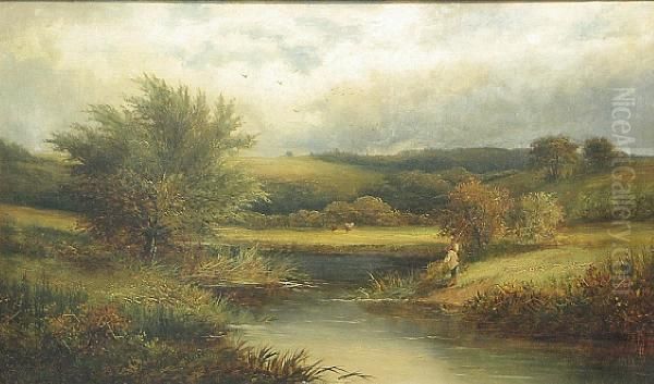 A Tranquil River Landscape With A Figure Onthe Bank Oil Painting by George Turner