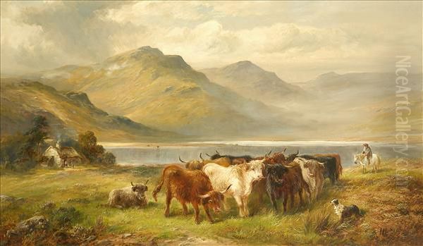 Near Loch Lomond, Asummer 
Landscape With Highland Cattle, Drover And Dog, Figures By Athatched 
Cottage Beyond Oil Painting by George Turner