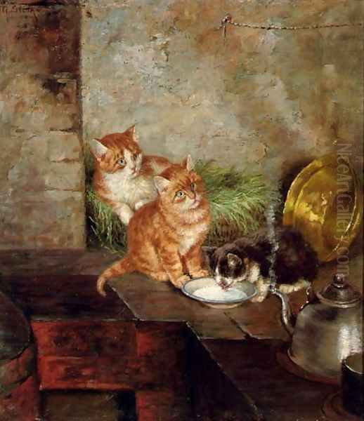 Three cats in the kitchen Oil Painting by Minna Stocks