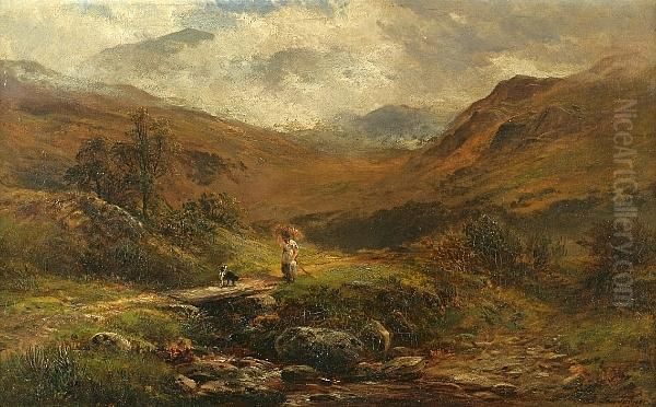 A View Near Capel Curig, North Wales With A Figure And A Dog On A Path In The Foreground Oil Painting by George Turner