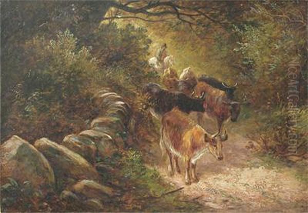 Cattle And Drover On A Country Lane Oil Painting by George Turner