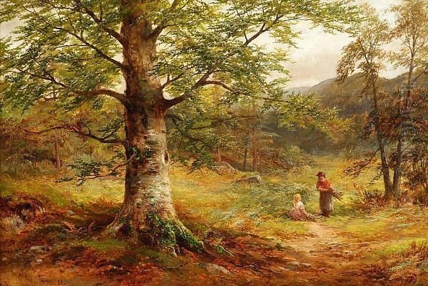 Woodland Clearing With Children Gathering Firewood Oil Painting by George Turner