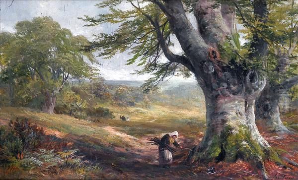 Burnham Beeches,with Faggot Gatherer In A Summer Landscape Oil Painting by George Turner