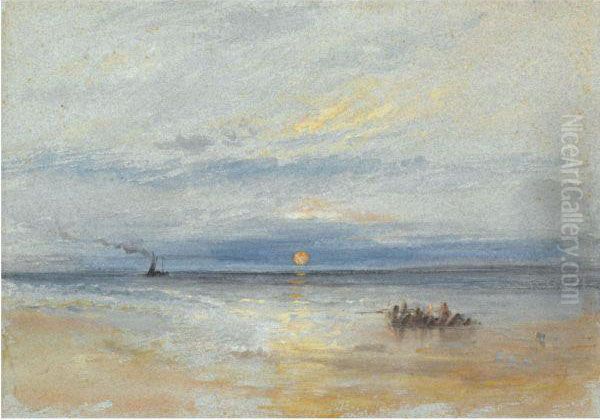 Coastal View At Sunset With Fishing Boat Returning To Port Oil Painting by Joseph Mallord William Turner