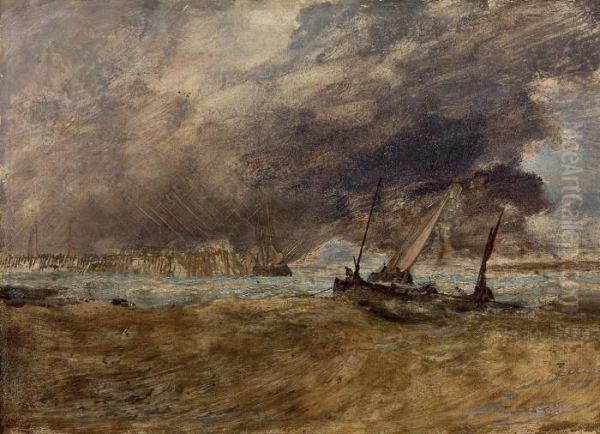 Seapiece With Fishing Boats Off A Wooden Pier, A Gale Comingin Oil Painting by Joseph Mallord William Turner