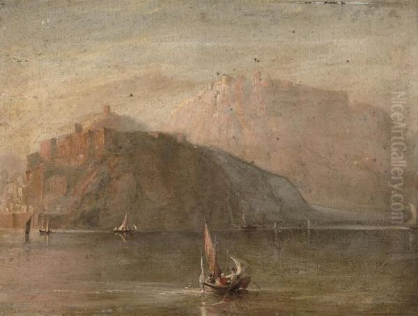 Fishing Boats On A Lake, A Fortified Settlement On The Cliffs Beyond Oil Painting by Joseph Mallord William Turner