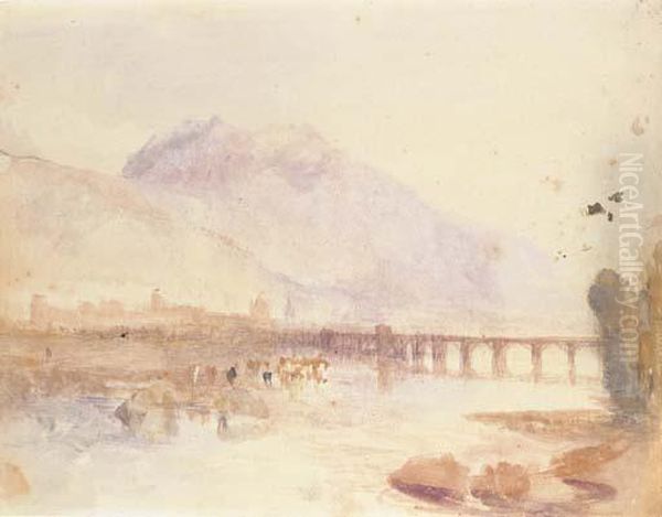 View Of A Town In An Alpine Landscape With A Bridge Across Alake Oil Painting by Joseph Mallord William Turner