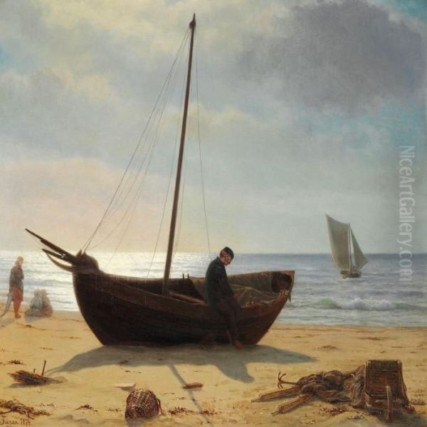 Fiskerdreng I Bad Pa Stranden Oil Painting by Laurits Regner Tuxen