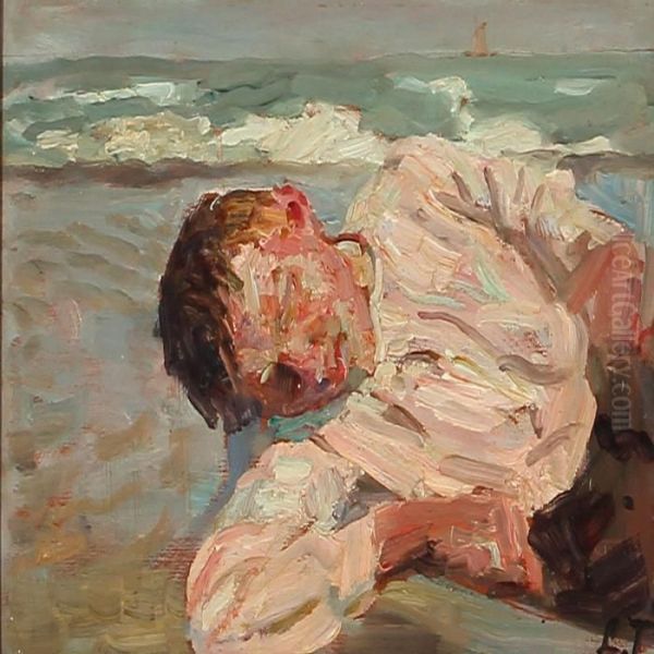 A Boy Resting On The Beach Oil Painting by Laurits Regner Tuxen