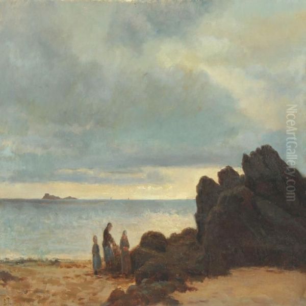 Coastel Scenery With Woman And Girls On The Beach Oil Painting by Laurits Regner Tuxen