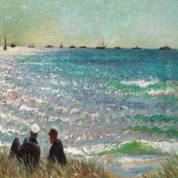 Parti Fra Skagen Med To S m nd, Der Betragter Enkonvoj Oil Painting by Laurits Regner Tuxen