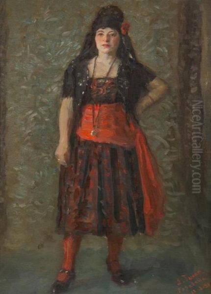 Lady In Red Oil Painting by Laurits Regner Tuxen