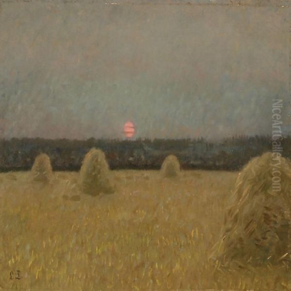 Sunset With Haystackson A Field In Hornbaek, Denmark Oil Painting by Laurits Regner Tuxen