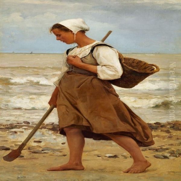 A Fisherman'sdaughter On The Beach Oil Painting by Laurits Regner Tuxen