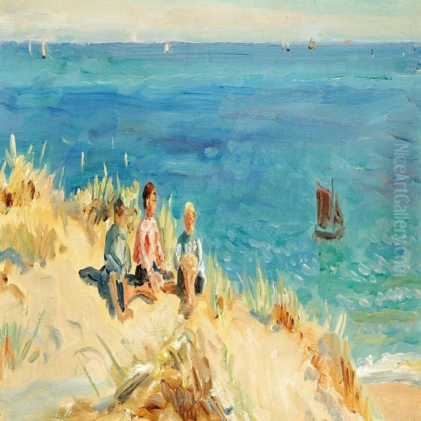 View Of Skagen With Three Boys On The Beach On A Summer Day Oil Painting by Laurits Regner Tuxen