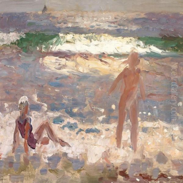 Two Bathers At Skagenbeach Oil Painting by Laurits Regner Tuxen