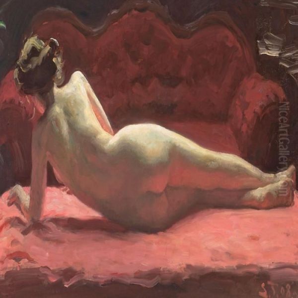 A Reclining Nude Oil Painting by Laurits Regner Tuxen