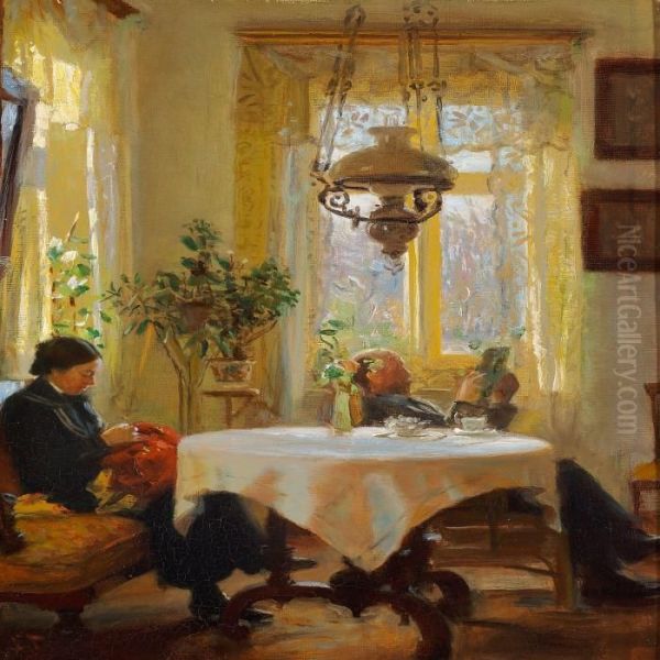 Interior With A Manreading And A Woman Sewing Oil Painting by Laurits Regner Tuxen