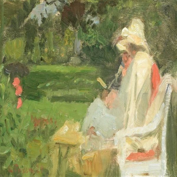 Two English Women Indagminnes Garden Oil Painting by Laurits Regner Tuxen