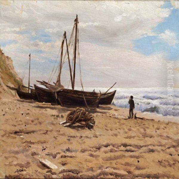 Boats On The Beach Oil Painting by Laurits Regner Tuxen