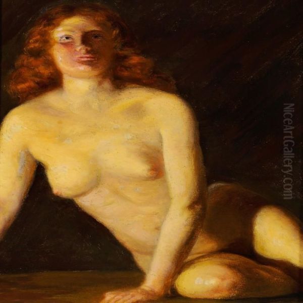 A Young Female Nude In Lamp Light Oil Painting by Laurits Regner Tuxen