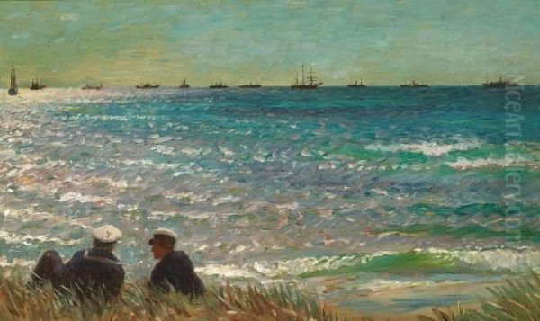 View Of Skagen With Two Sailors 
Looking At A Convoy. 