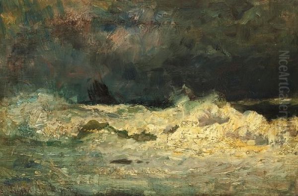 Breaking Waves Under A Dark Sky Oil Painting by Laurits Regner Tuxen