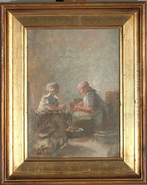 Two Women Are Working In A Kitchen Oil Painting by Laurits Regner Tuxen