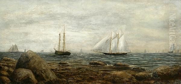 A Racing Schooner Off The Coast With Othershipping Oil Painting by James Gale Tyler