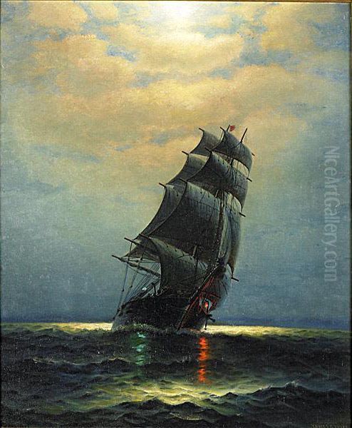 A Ship At Sea At Twilight Oil Painting by James Gale Tyler