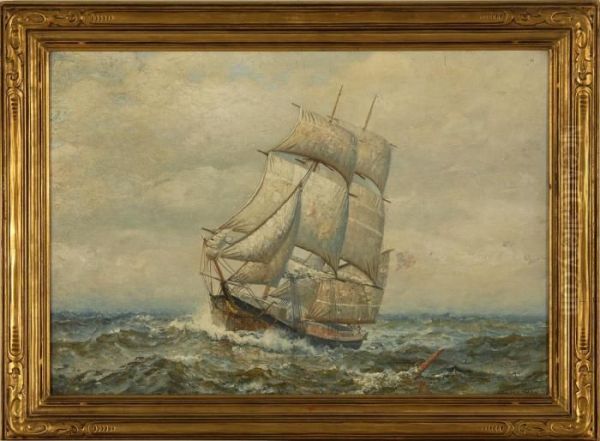 Brig With American Flag In Choppy Seas Oil Painting by James Gale Tyler