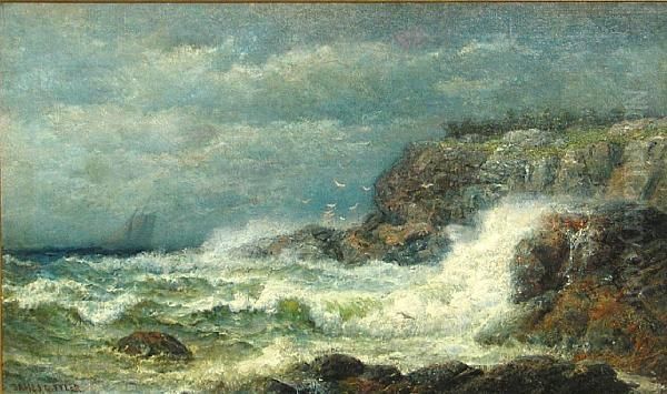 Waves Crashing Against A Rocky Coast Oil Painting by James Gale Tyler