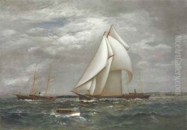 A Centerboard Schooner Of The 
New York Yacht Club With A Pair Of Steam Yachts And A Small Launch On 
Long Island Sound Oil Painting by James Gale Tyler