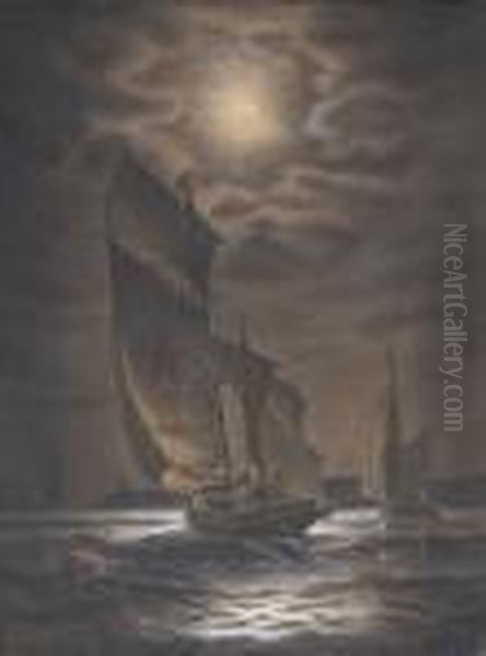 Moonlit Ships Oil Painting by James Gale Tyler