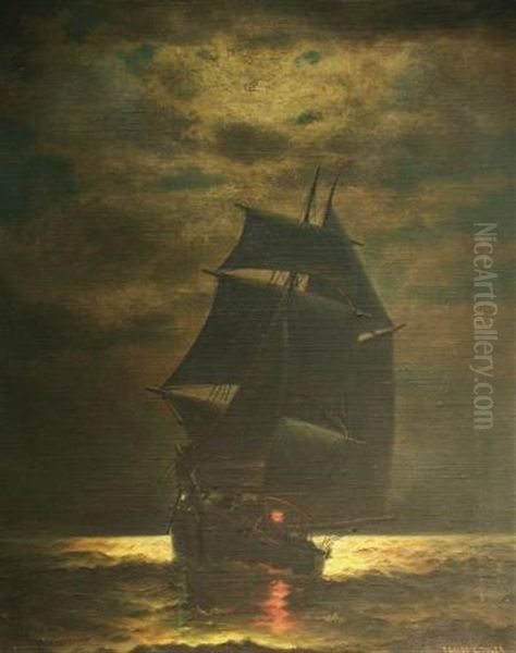 Ship In Moonlight Oil Painting by James Gale Tyler