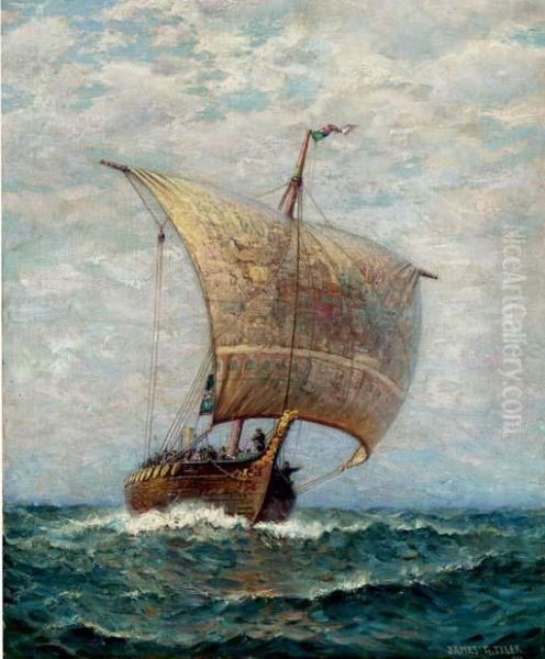 A Viking Ship At Sea Oil Painting by James Gale Tyler