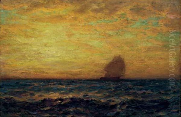 A Ship At Sunset Oil Painting by James Gale Tyler