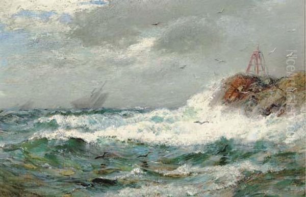 Waves Crashing Ashore With Shipping Beyond Oil Painting by James Gale Tyler