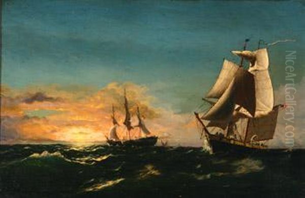 Two American Frigates After Battle Oil Painting by James Gale Tyler