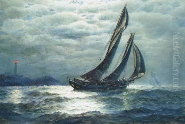 Fishing Vessels Off A Lighthouse By Moonlight Oil Painting by James Gale Tyler