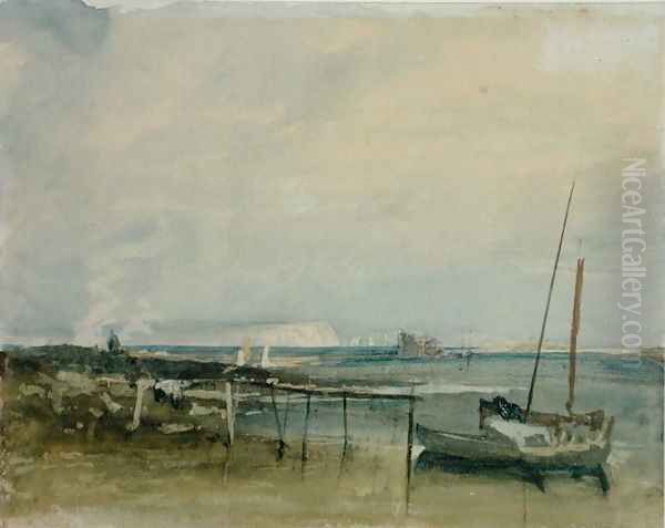 Coast Scene with White Cliffs and Boats on Shore Oil Painting by Joseph Mallord William Turner