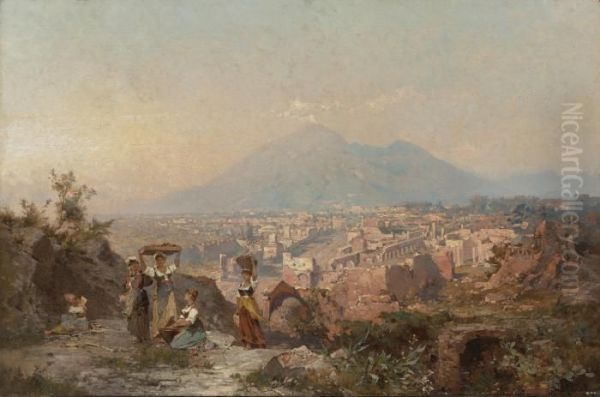 Figures On A Hill Overlooking Pompeii Oil Painting by Franz Richard Unterberger