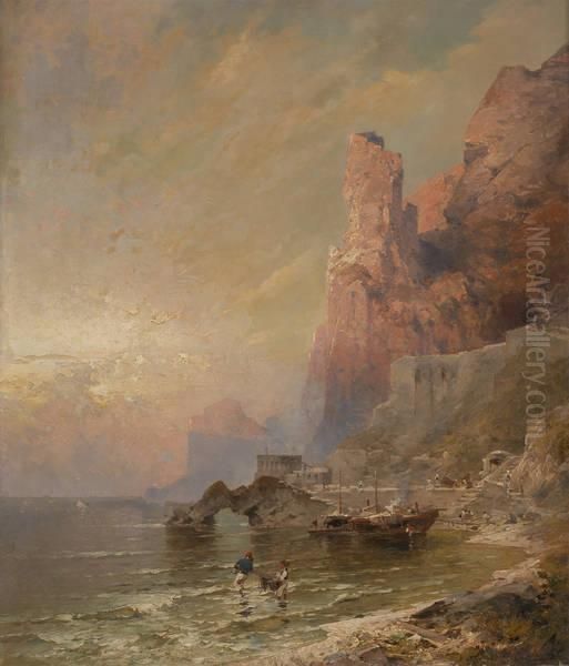 Pecheurs Sur La Cote D'amalfi Oil Painting by Franz Richard Unterberger