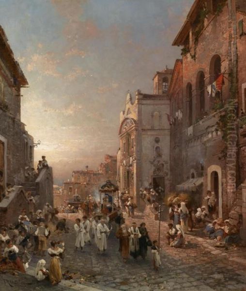 Procession In Naples Oil Painting by Franz Richard Unterberger