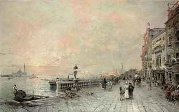 The Riva Dei Sette Martiri, Looking Towards The Ponte De La Venetamarina, Venice Oil Painting by Franz Richard Unterberger