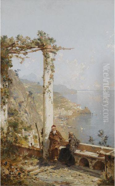 Kapuzinermonche Eines Klosters 
Bei Amalfi Hoch Uber Dem Golf (amalfi Above The Bay Of Naples) Oil Painting by Franz Richard Unterberger